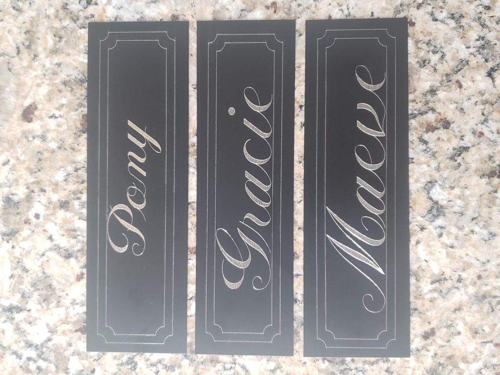 Name plates for Pony, Gracie, Maeve