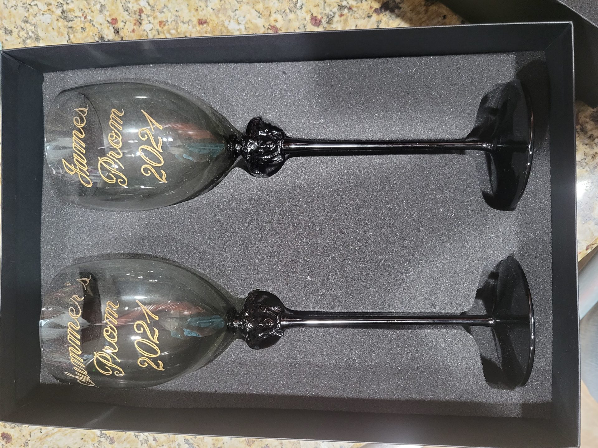 Engraved black prom glasses